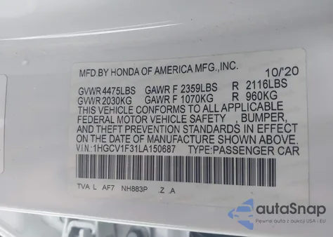 2020 Honda Accord Sport z USA, uszkodzony, nr VIN 1HGCV1F31LA150687